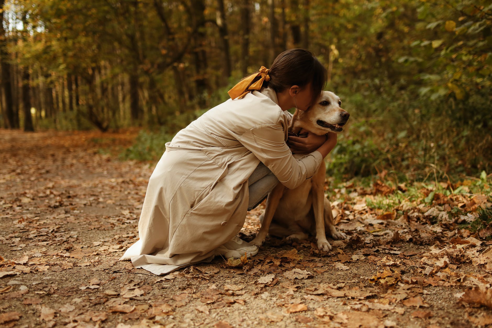 a woman kissing the head of brown short coated dog