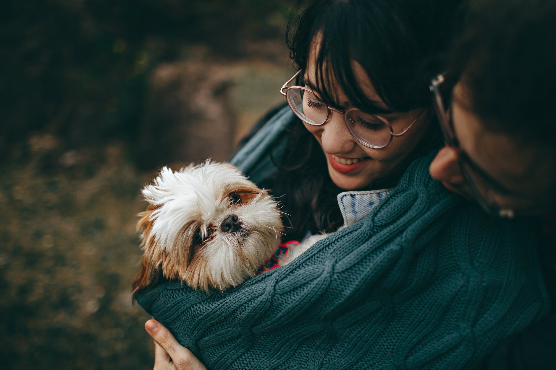 selective focus photography of white and tan shih tzu puppy carrying by smiling woman