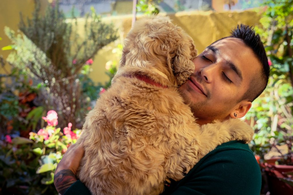 a man holding a dog in his arms
