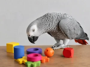 Loro gris frente a objetos de distintos colores y formas