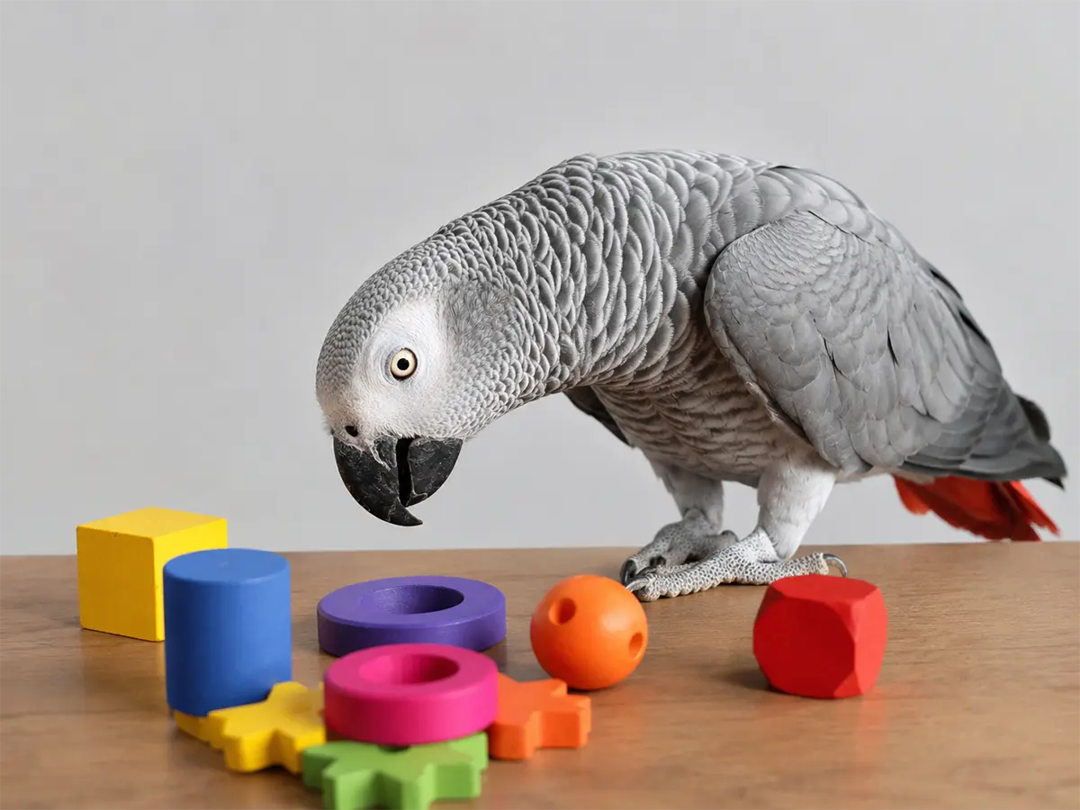 Loro gris frente a objetos de distintos colores y formas