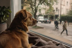 Perro observando su entorno y mostrando su carácter en casa