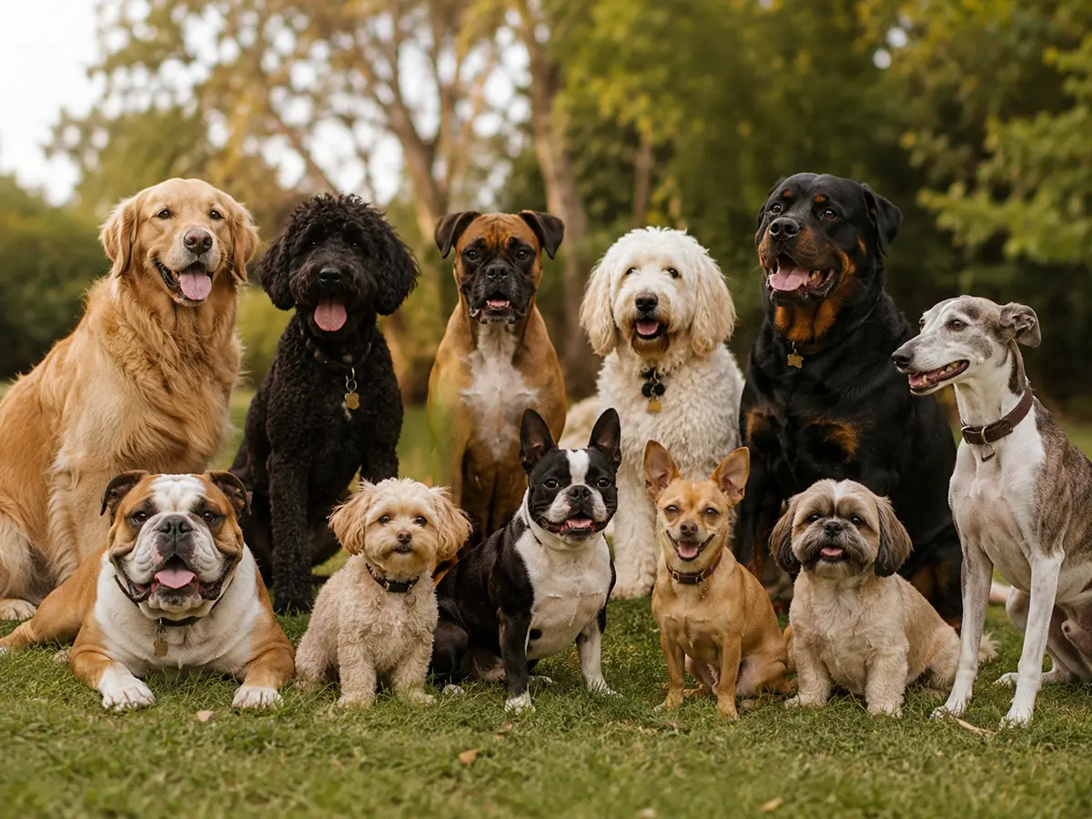 Perros de distintas razas mostrando comportamientos diferentes