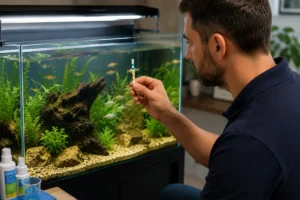 Persona revisando el agua de un acuario con un pez que nada de lado