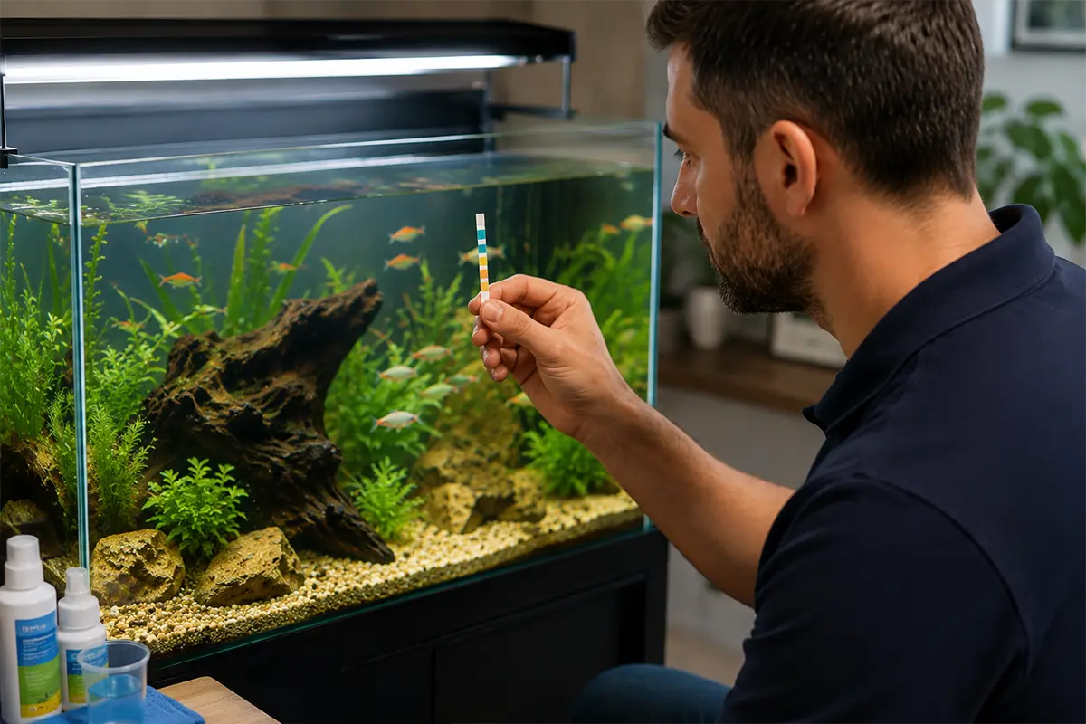 Persona revisando el agua de un acuario con un pez que nada de lado
