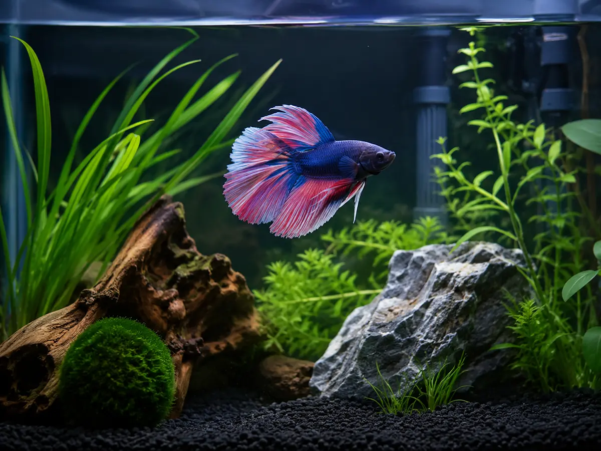 Pez betta o goldfish en un acuario doméstico cuidado