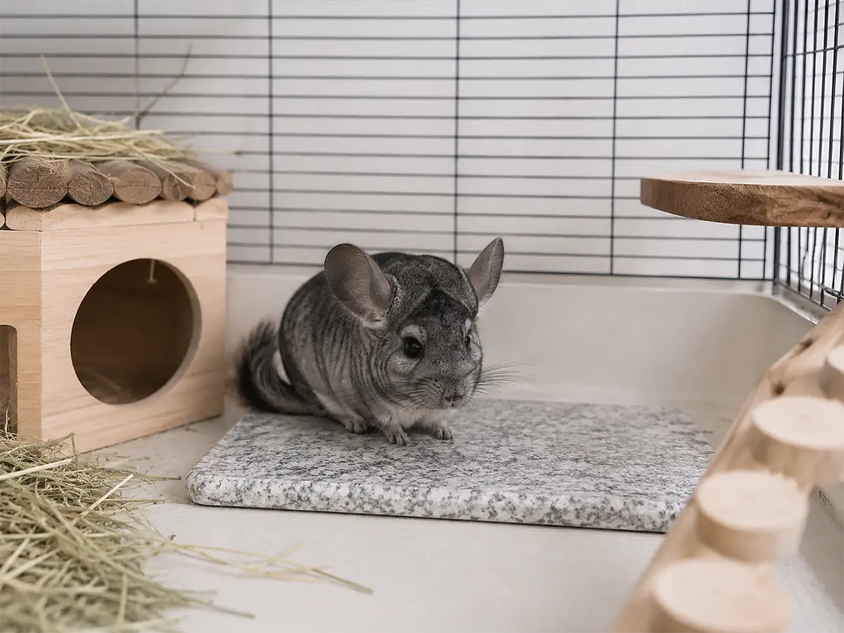 Chinchilla usando una losa fresca de granito en verano