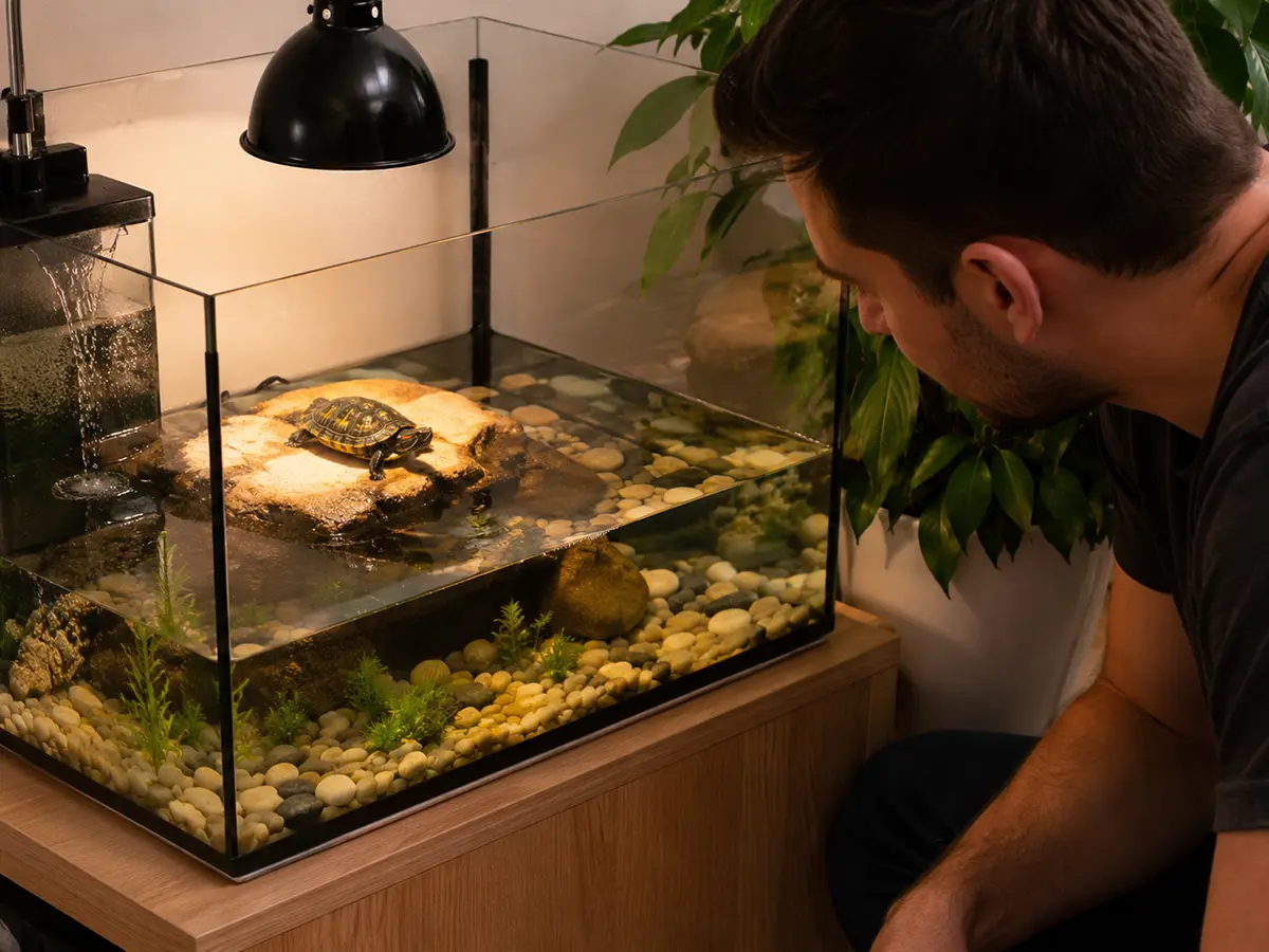 Cuidados de una tortuga de agua en verano con filtro y zona seca