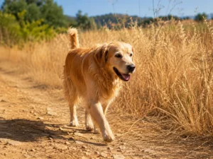 Perro paseando en verano por una zona con espigas secas