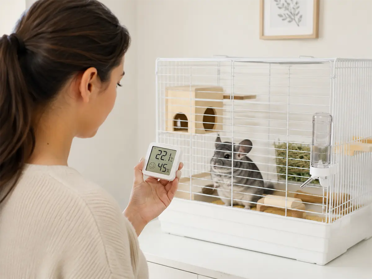 Persona revisando la temperatura de una jaula de chinchilla en verano