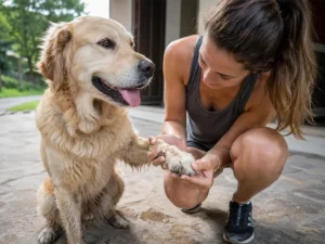 Revisión de la pata de un perro por posible espiga clavada