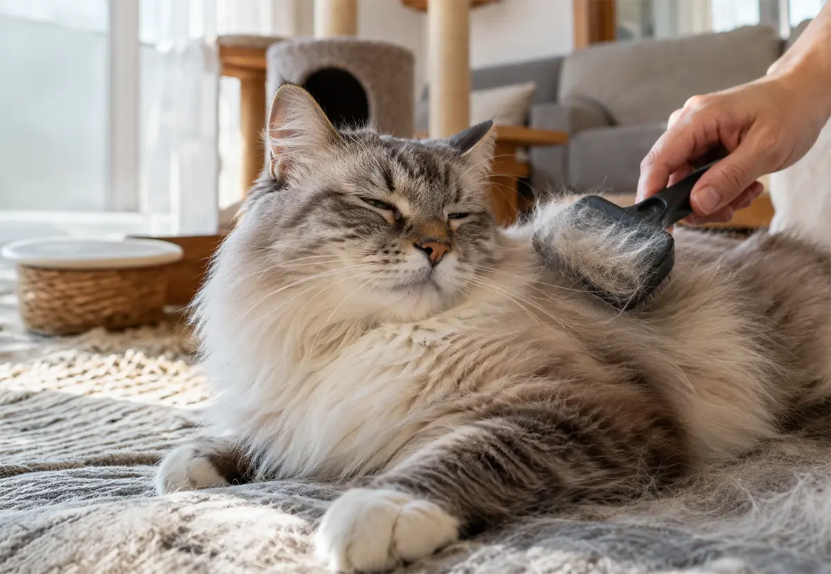 Gato perdiendo pelo durante la muda y siendo cepillado