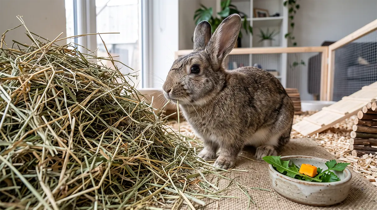 Conejo comiendo heno, base principal de su alimentación frente a alimentos ocasionales como la calabaza