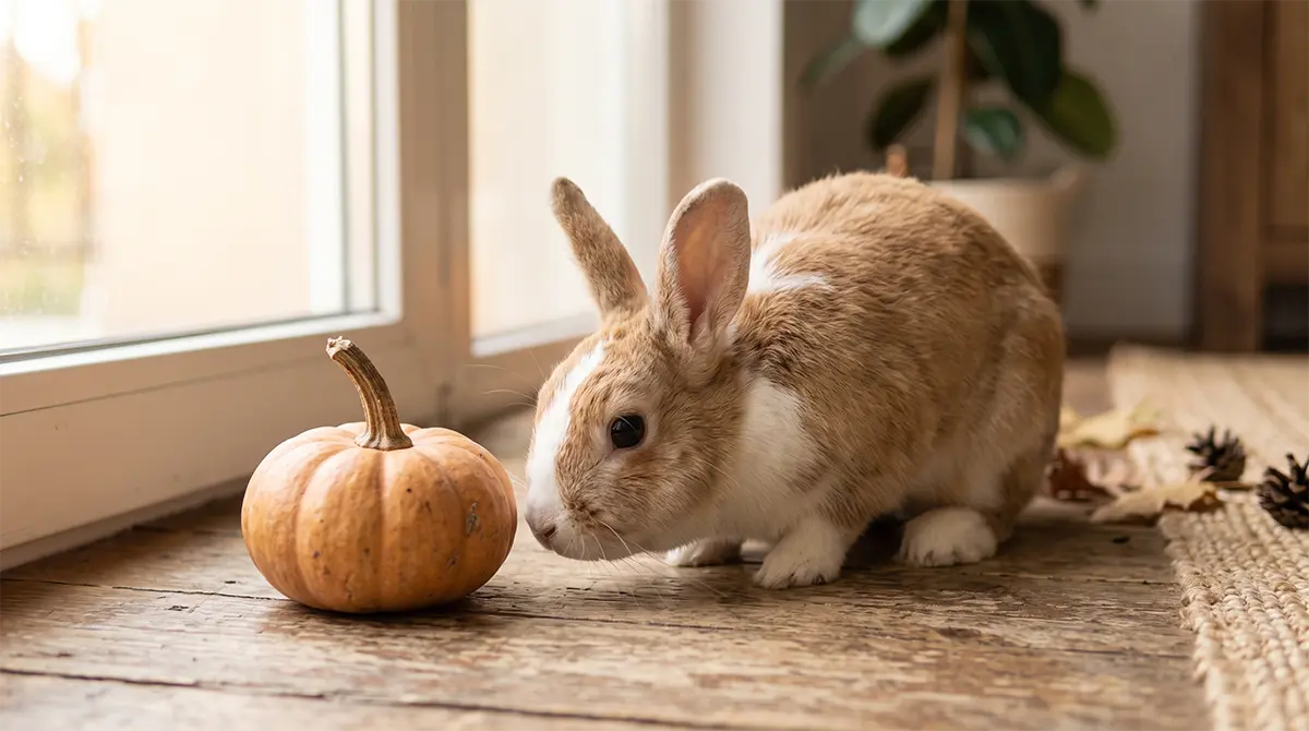 Conejo doméstico junto a una calabaza, alimento que puede comer en pequeñas cantidades