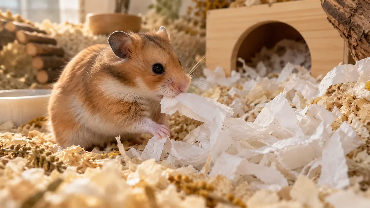 Hámster preparando un nido con material de cama para mantenerse protegido del frío