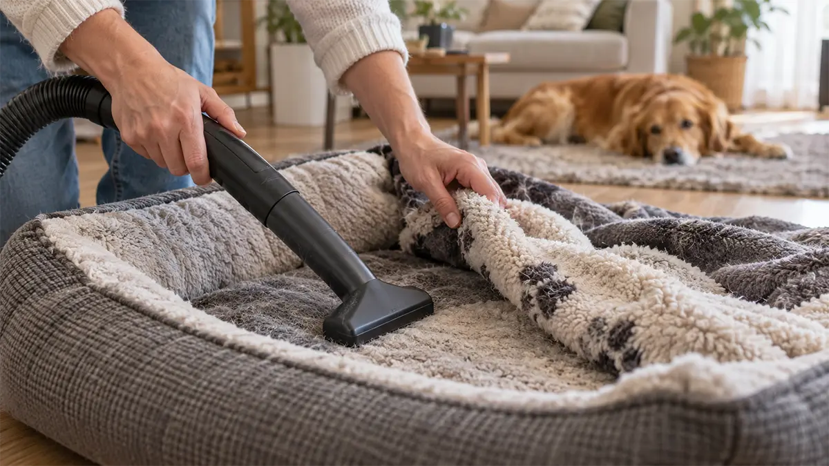 Limpieza de la cama y las mantas del perro para reducir el riesgo de garrapatas en casa.