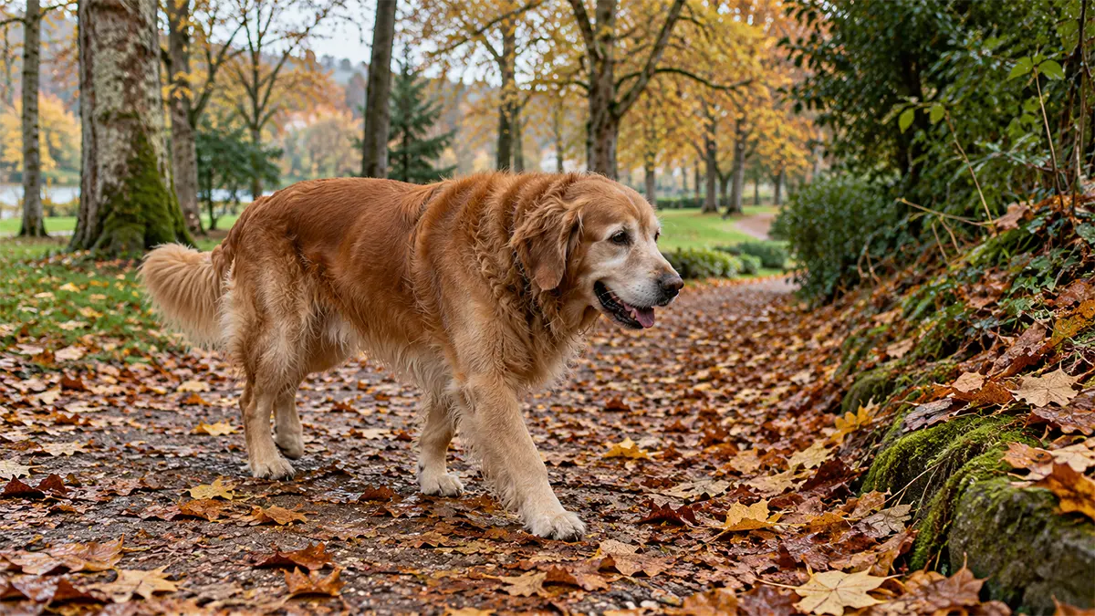 Perro paseando entre hojas en otoño, época en la que siguen activas las garrapatas.