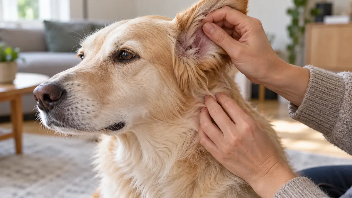Revisión de orejas y cuello de un perro para detectar garrapatas después del paseo.